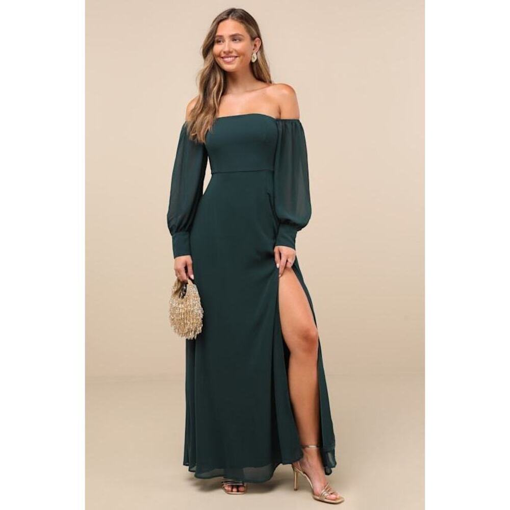Lulus Feel The Romance Emerald Green Off-the-shoulder Maxi Dress - Size L